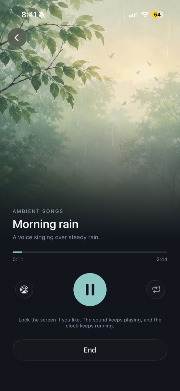 A session playing: morning rain, a voice singing over steady rain, with the screen free to lock while the sound keeps going