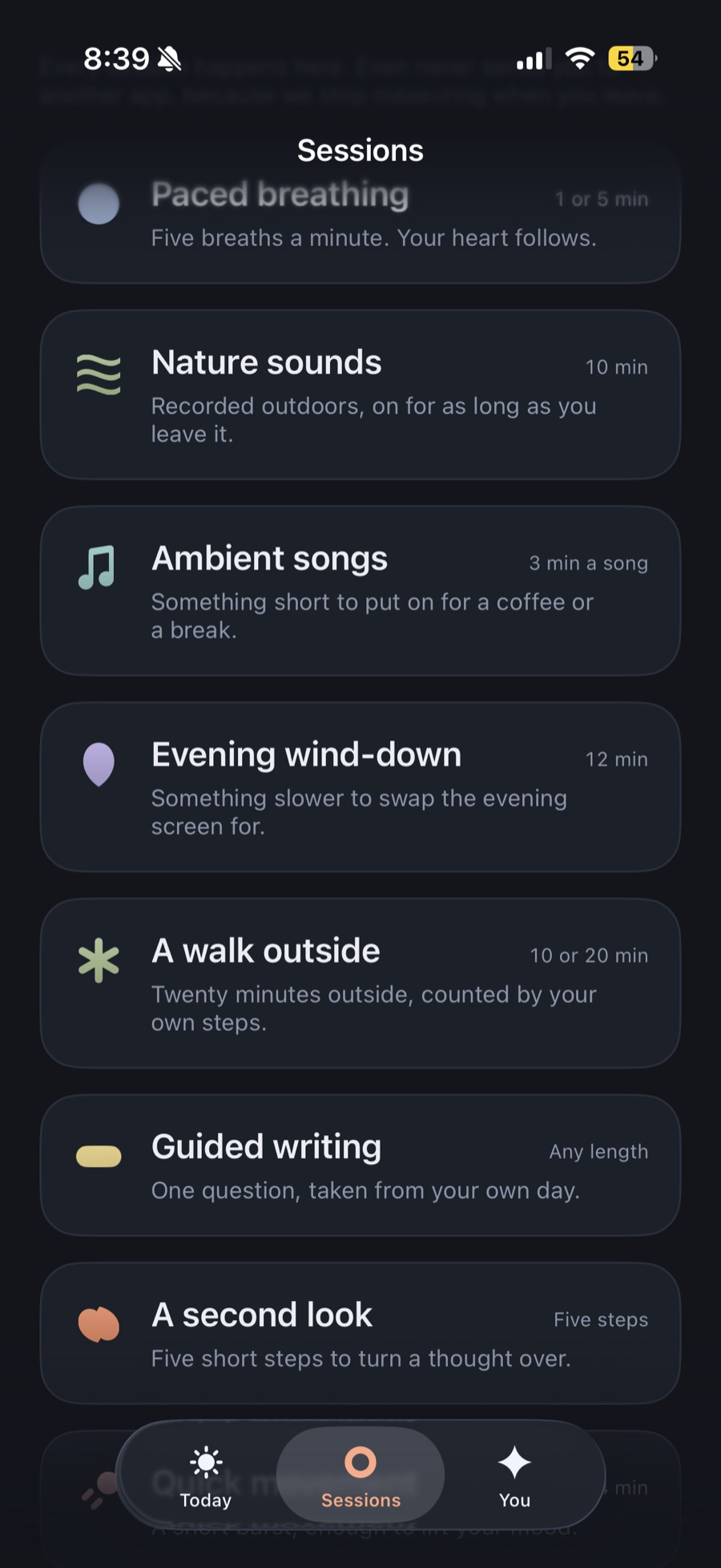 Even's session library: paced breathing, nature sounds, ambient songs, an evening wind-down, a walk outside, guided writing and a second look