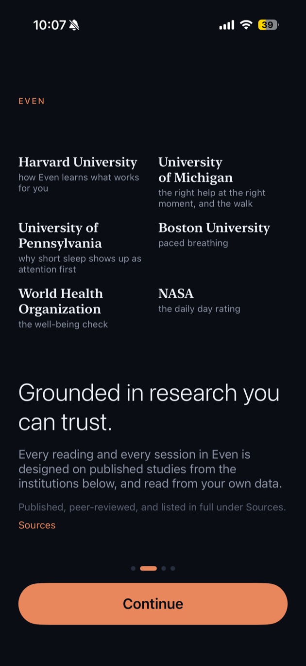 Even's credibility page, listing Harvard University, the University of Michigan, the University of Pennsylvania, Boston University, the World Health Organization and NASA, with one line each on what Even took from them