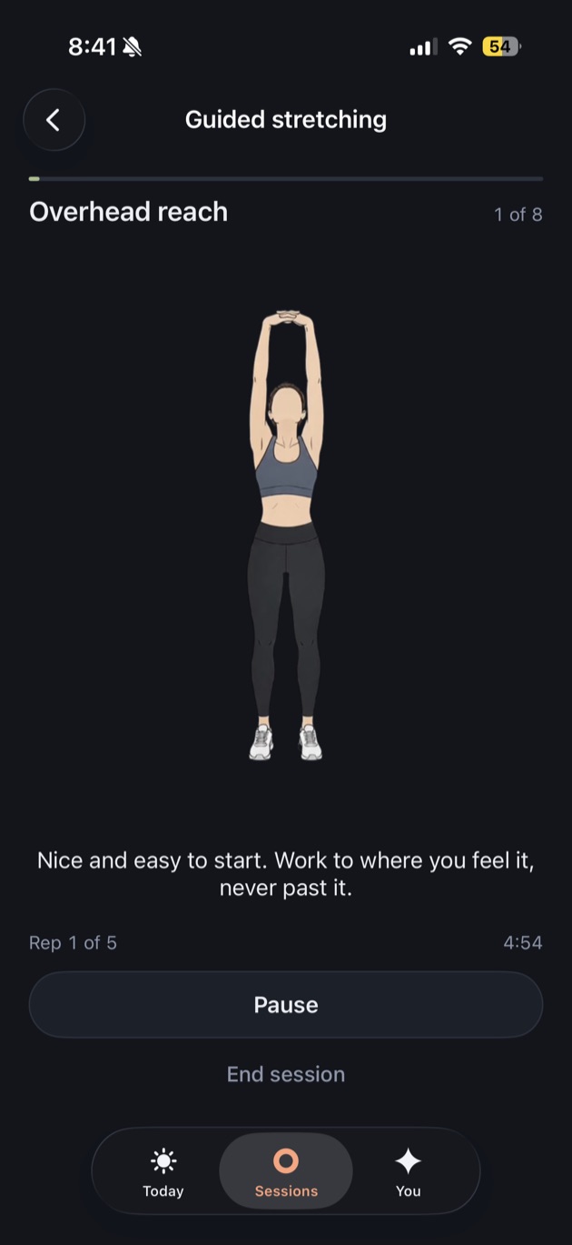 Guided stretching: an overhead reach, the first of eight moves, with reps counted and the time left in the session